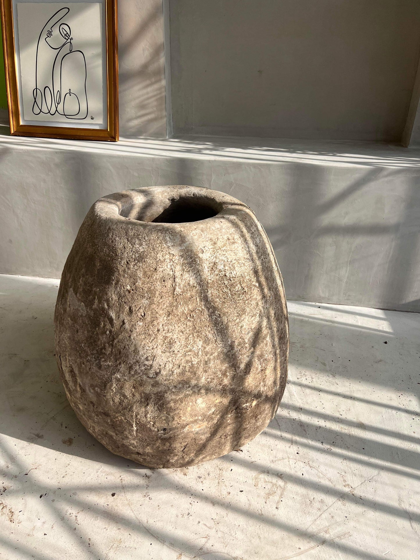 Unique antique limestone pot planter interior design by birk olive tree