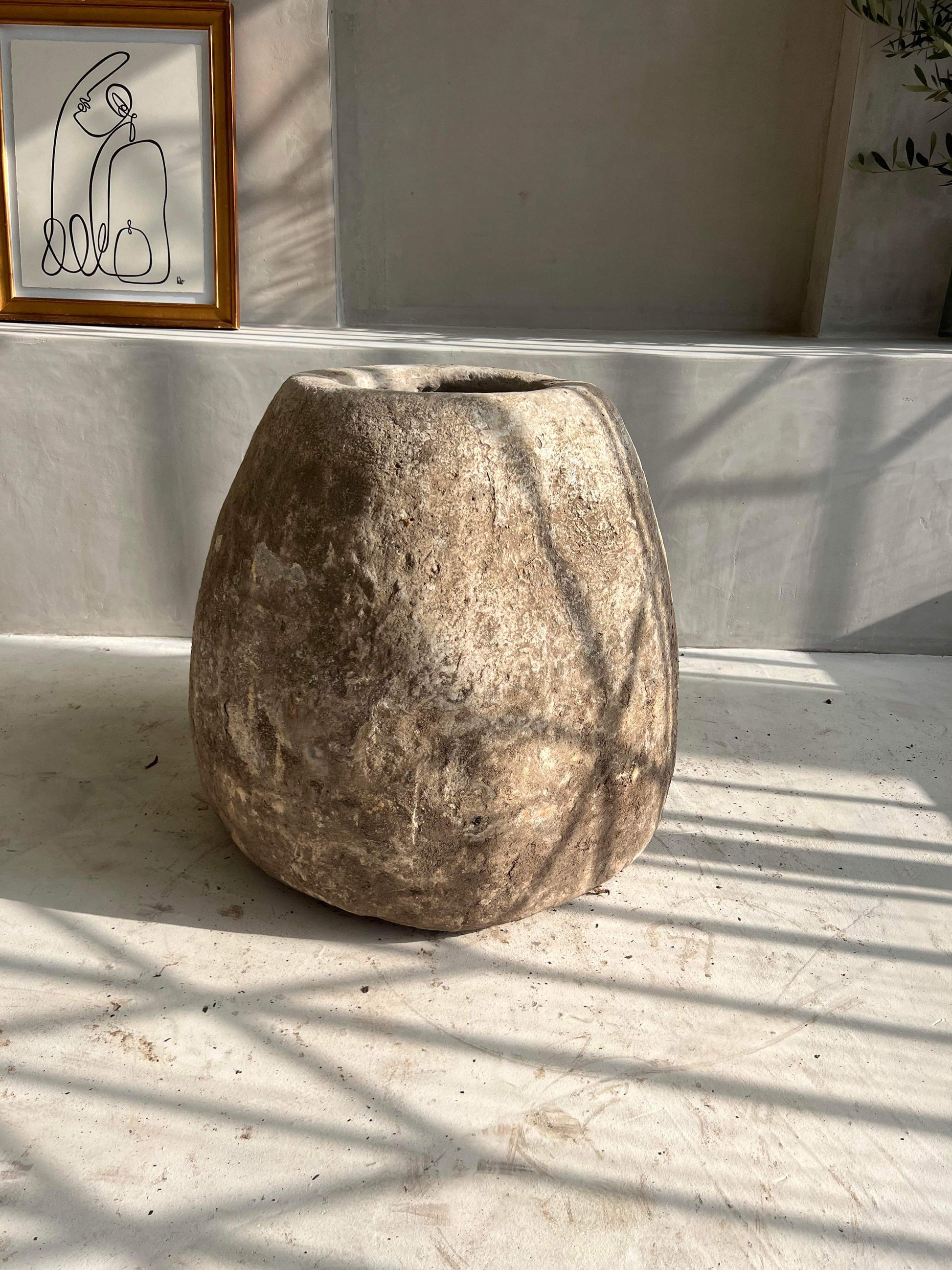 Unique antique limestone pot planter interior design by birk olive tree