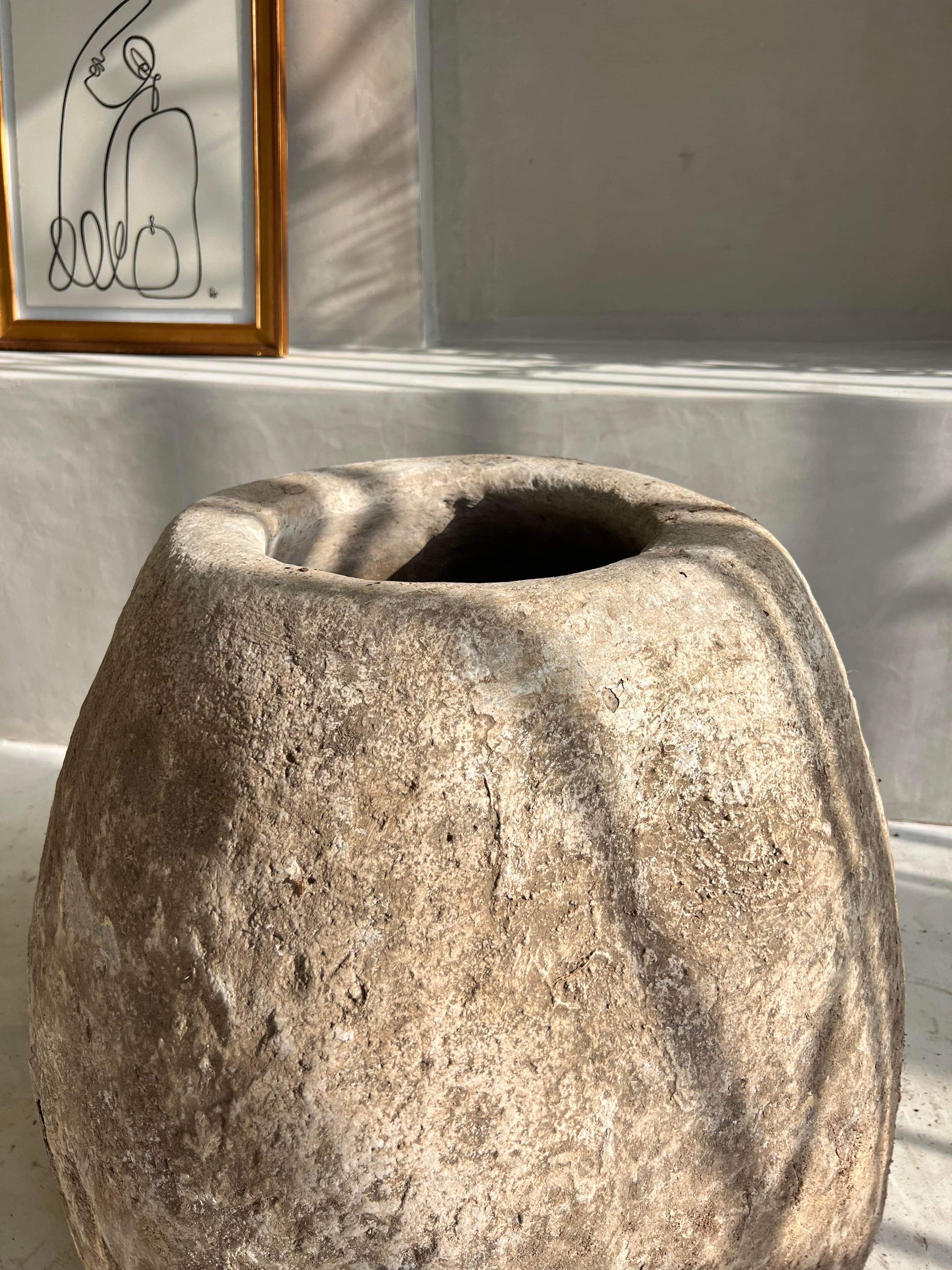 Unique antique limestone pot planter interior design by birk olive tree